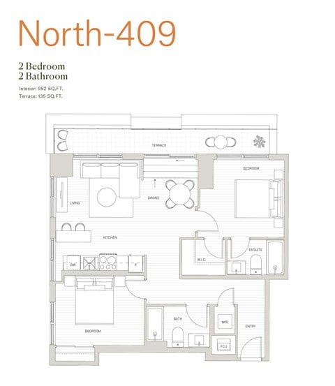 Floor plan for 2 beds, 2 baths, 952 sqft